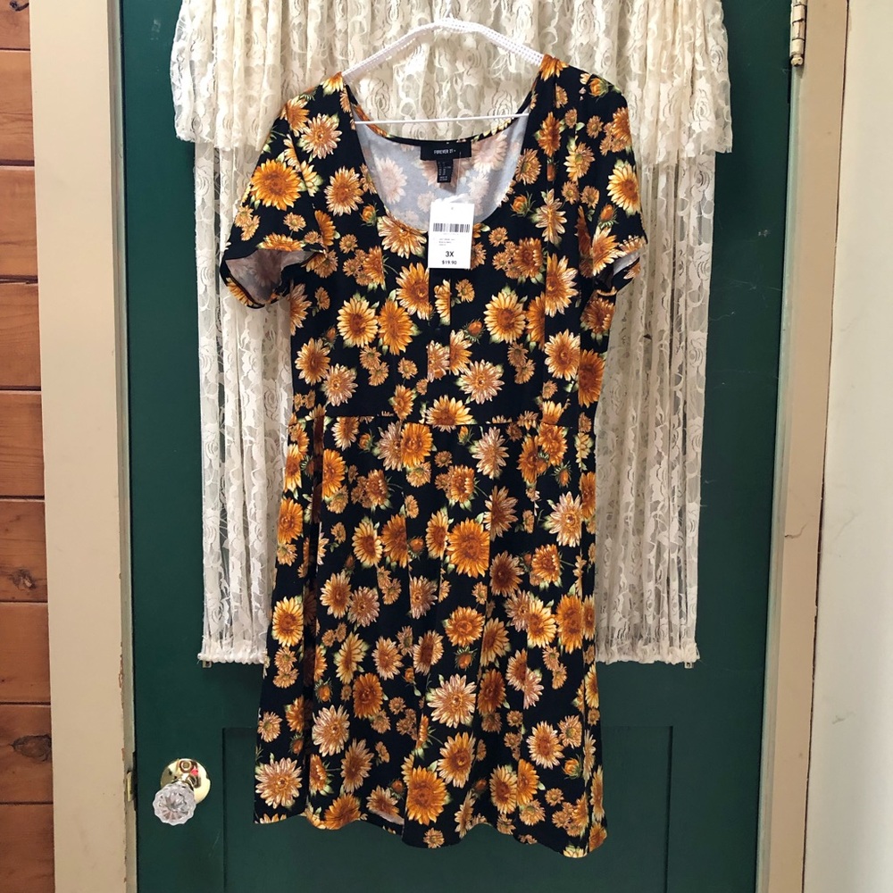 F21 Black Sunflower Dress with Button Detail